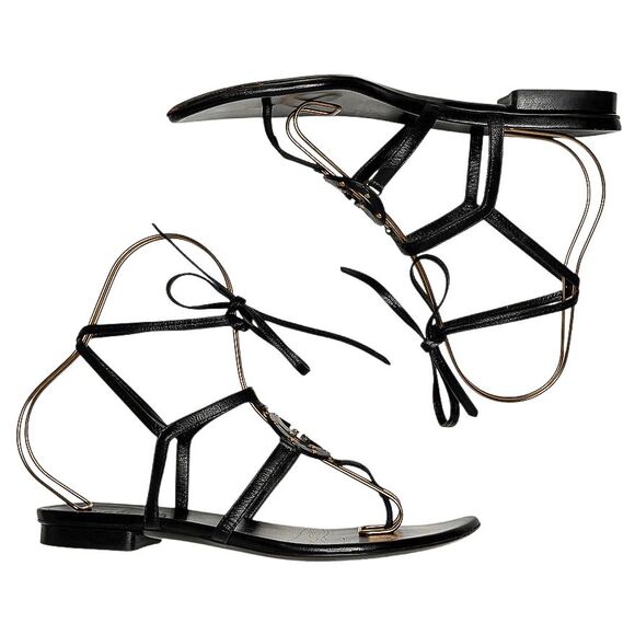 Gucci Interlocking G Black Leather Strappy Ankle Wrap Logo Thong Sandals Size 8B - Picture 8 of 11
